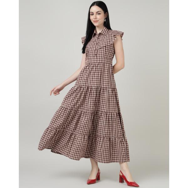 MAROON CHECKS 4 TIER LONG DOUBLE COLLAR DRES